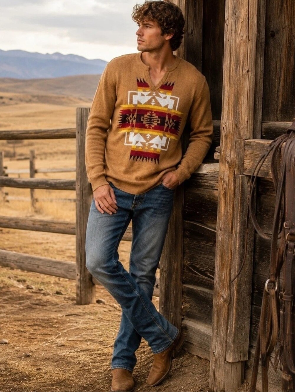 Pendleton 100% Cotton V Neck Pullover Sweater Southwest Aztec Print L Large